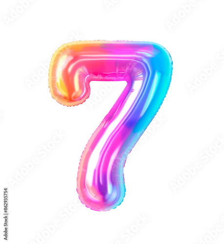 AI generated photo with inflatable multicolored neon number 7. Minimalistic balloon isolated on a transparent background
