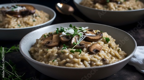 Close up view of appetizing mushroom risotto. 