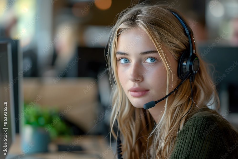 blonde woman blue eyes wearing headphones sitting at office desk, looking into camera Tech Professional Calling Concept
blonde woman blue eyes wearing headphones sitting at office desk, looking into camera Tech Professional Calling Concept