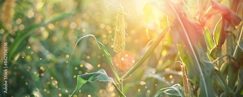 Green and healthy corn crops growing uniformly in a spacious field.