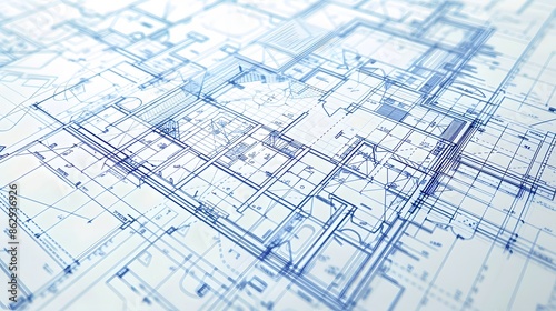 A blue and white drawing of a building with a lot of detail. The drawing is of a floor plan and shows the layout of the building
