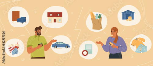 Married couple discussing family budget vector illustration