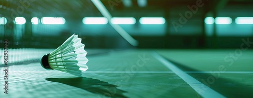 Long shot of a cream white badminton shuttlecock and racket, highlighted by neon light shading, on a green indoor court floor, blurred background, ample copy space photo