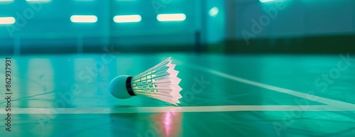 Long shot of a cream white badminton shuttlecock and racket, highlighted by neon light shading, on a green indoor court floor, blurred background, ample copy space photo