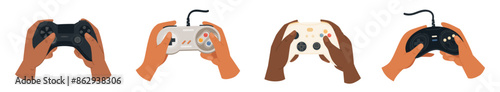 Human hands holding joystick gamepad isolated set