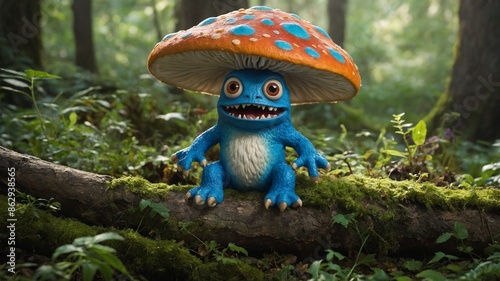 Blue creature with large, orange mushroom cap as hat sits on moss-covered log in dense, green forest. Creature has big, round eyes, wide mouth with sharp teeth, small, clawed hands, feet. © Tamazina