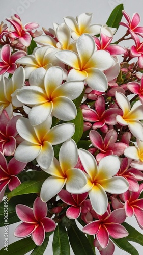 Vibrant bouquet of plumeria flowers showcases stunning mix of white, pink blossoms with yellow centers, surrounded by lush green leaves.