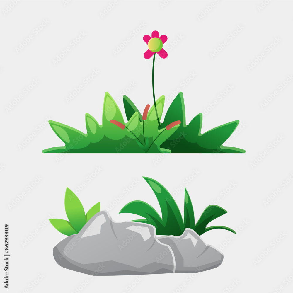 Set of green Bushes and rocks in Bloom A Flourishing Illustrations Set of green Bushes and rocks in Bloom A Flourishing Illustrations