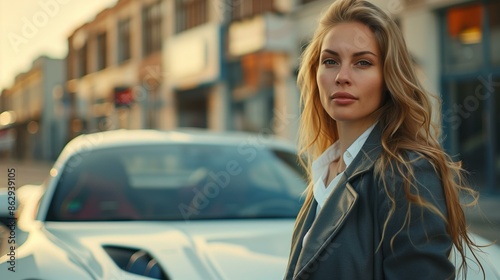 Confident woman with long blonde hair stands in front of a sleek white sports car on a city street.