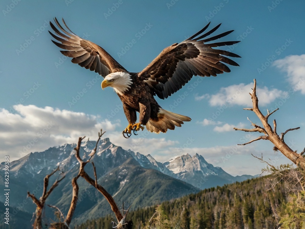Obraz premium An adult bald eagle (Haliaeetus leucocephalus) come to landing