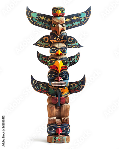 Native American wooden totem isolated on white background