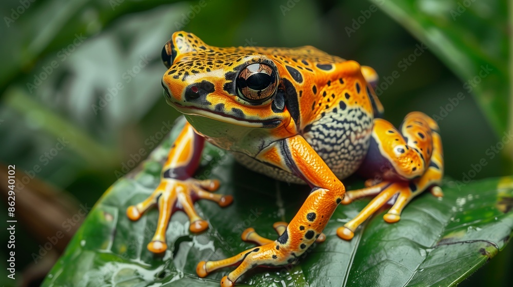 Obraz premium A vibrant, multicolored frog sits attentively on a lush, green leaf in its natural rainforest habitat.