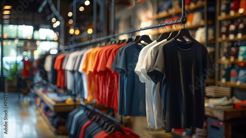 A vibrant clothing store interior showcasing a colorful array of neatly hung t-shirts in a well-lit, stylish setting.