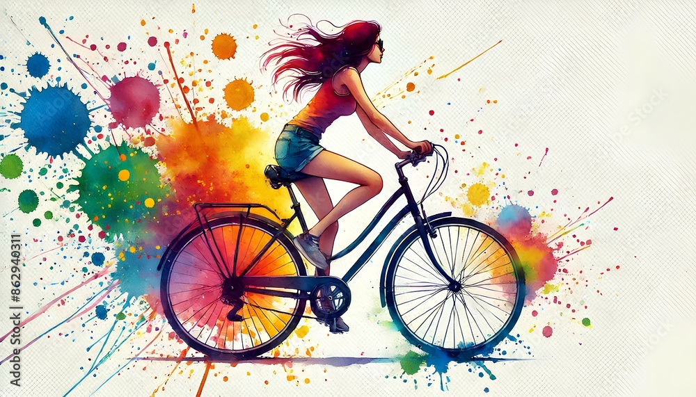 Fototapeta premium A vibrant watercolor painting of a woman riding a bicycle with colorful splashes in the background.