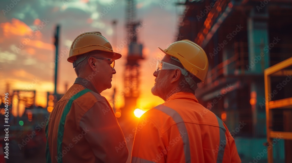 Two construction workers discussing at sunset on a construction site Two construction workers discussing at sunset on a construction site