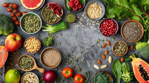 Variety of fresh fruits, vegetables, seeds, and grains on a dark surface from above.