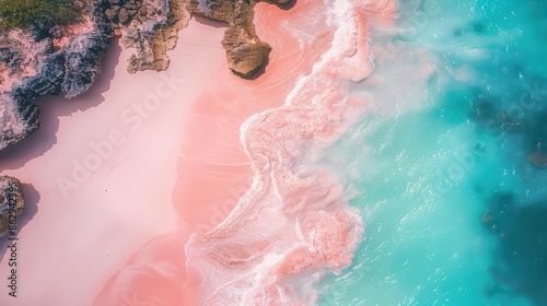 aerial view of stunning pink sand beach with turquoise water and sunlight drone photography