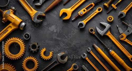 Assortment of Yellow Tools on Black Background