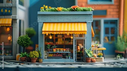 A delightful urban flower shop with a vibrant yellow-striped awning, showcasing an array of colorful plants and flowers, creating a charming and inviting storefront.