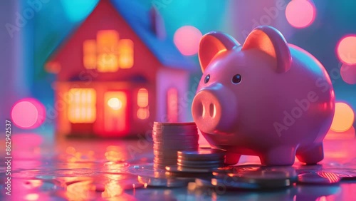 A pink piggy bank with stacks of coins in the foreground, set against a glowing miniature house, symbolizing the importance of saving and financial planning for home ownership.
