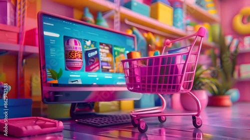 A vibrant and colorful scene featuring a small shopping cart filled with items in front of a computer screen displaying an online store, symbolizing the convenience and excitement of online shopping.