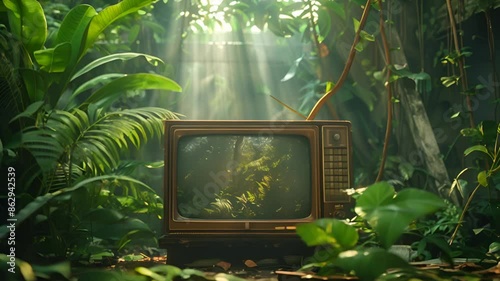 An old television set surrounded by lush greenery and bathed in soft sunlight, symbolizing the interplay between nature and technology as the natural world reclaims its space.