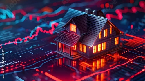 A miniature house model illuminated on a digital background of financial graphs and data, representing the dynamic trends and analytics in the real estate market.