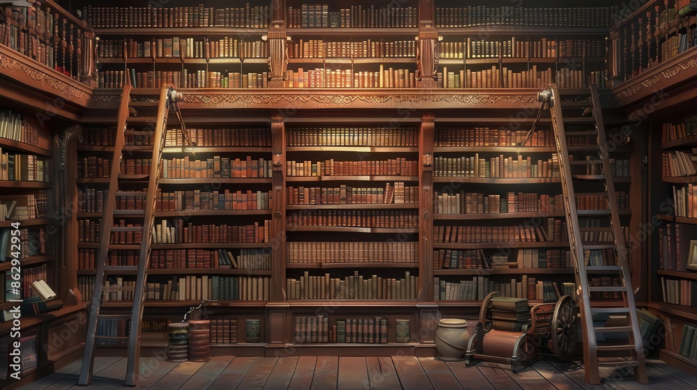 Fototapeta premium antique library with floortoceiling bookshelves leatherbound volumes and rolling ladder 3d illustration