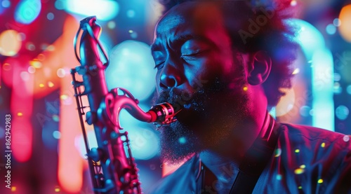 Saxophone Player Performing Under Colorful Stage Lights