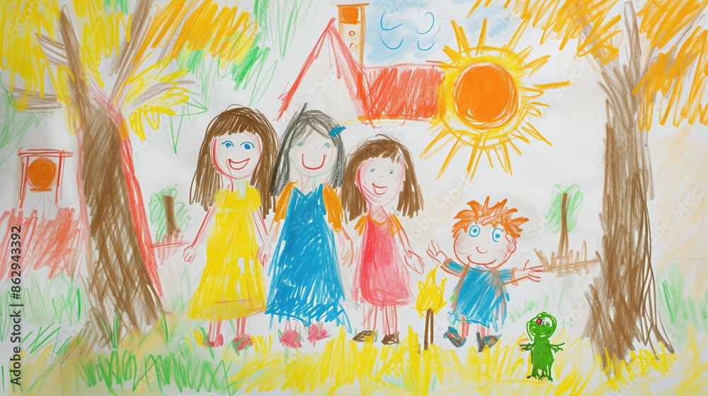 Children's drawing of a happy family on the background of the summer landscape Children's drawing of a happy family on the background of the summer landscape