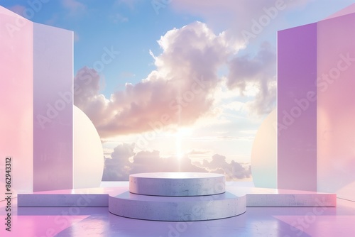 White podium set against a dreamy cloud background, perfect for showcasing products in 3D.  © Muhammad