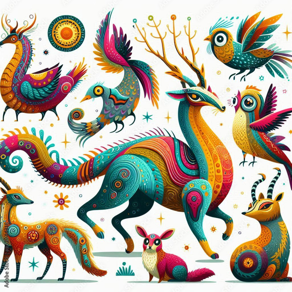 Fictional animals that have never existed before, with unique characteristics such as bright colors and unusual patterns. Fictional animals that have never existed before, with unique characteristics such as bright colors and unusual patterns.