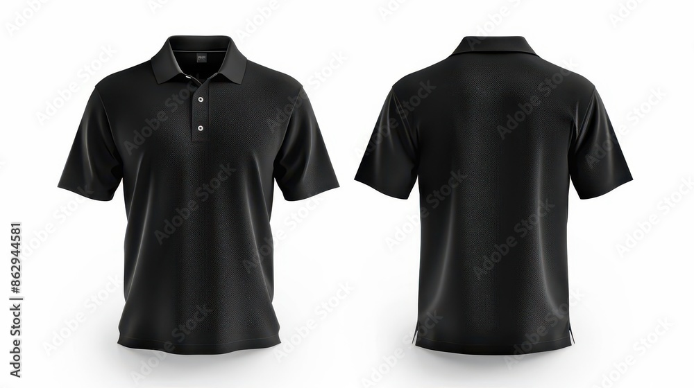 blank black polo shirt mockup template front and back views isolated on white background apparel design presentation