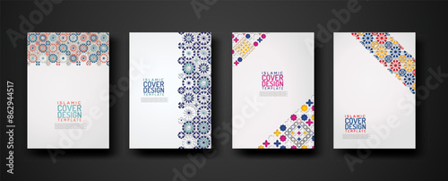 Set islamic cover design template with colorful detail and texture of floral mosaic islamic art ornament.