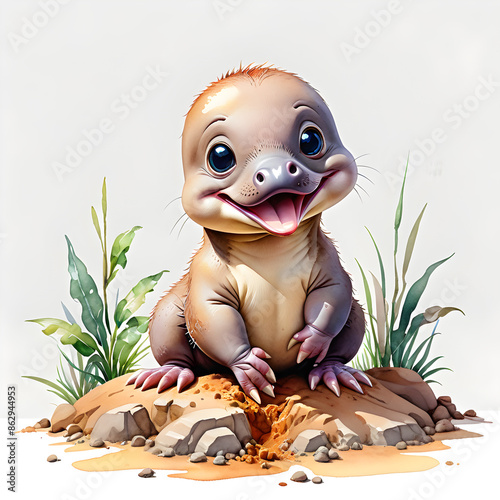 Watercolor clip art on a white background draw a Cute baby The platypus is digging the ground photo