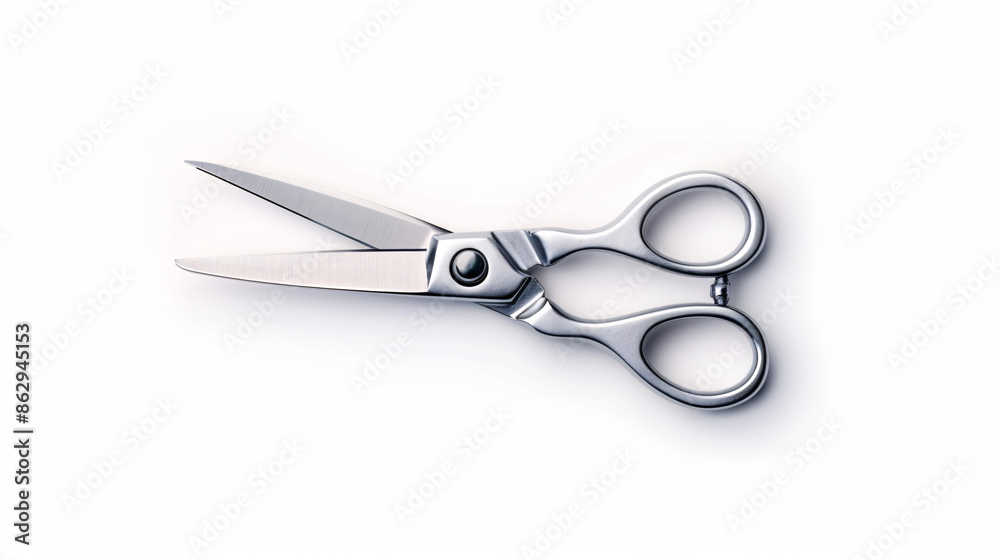 A pair of sharp, silver scissors isolated on a white background. A pair of sharp, silver scissors isolated on a white background.