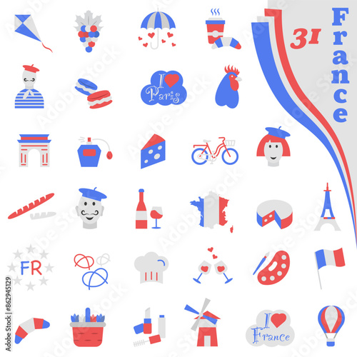 Icons about France. Welcome to France. Sights of France in the colors of the French flag.