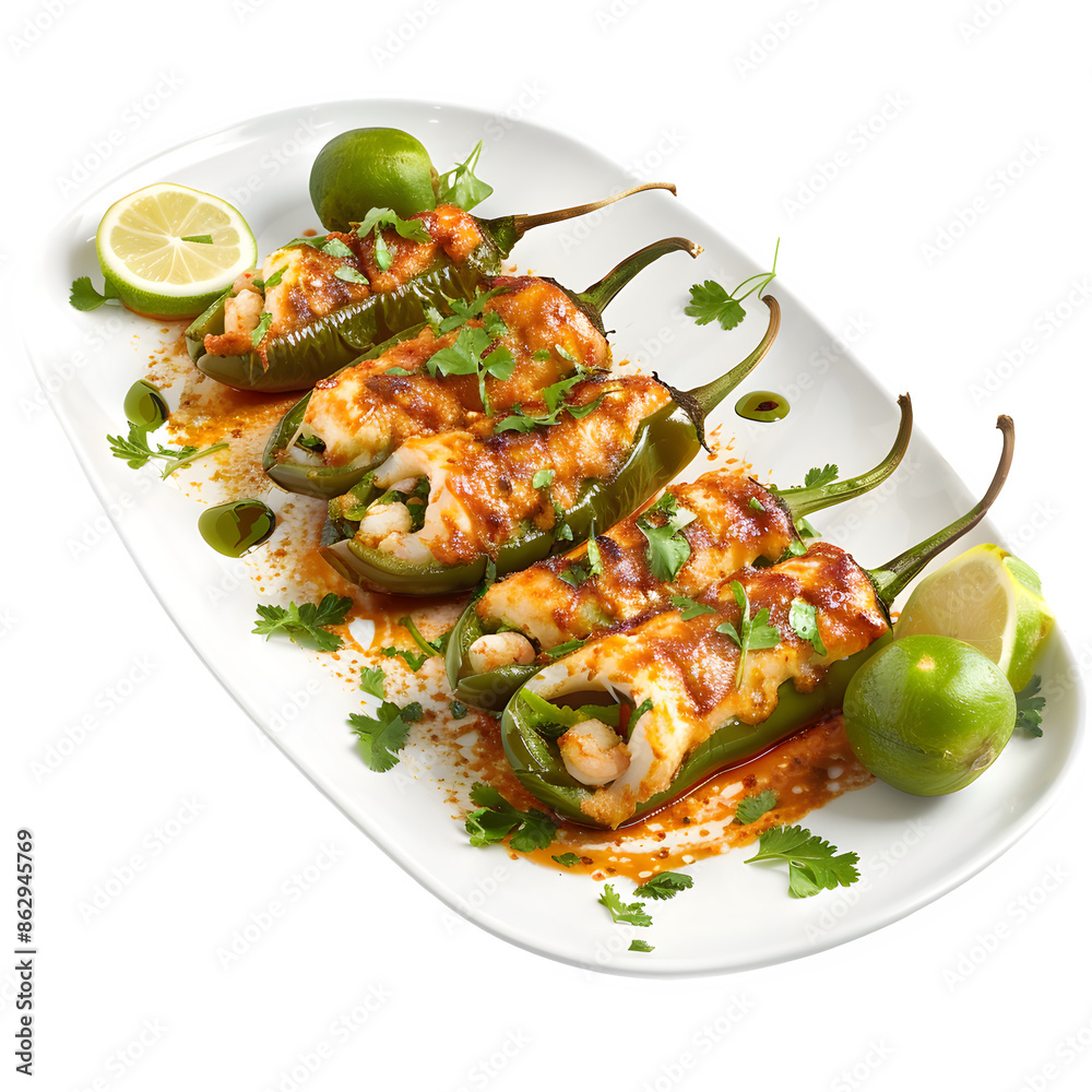 Delicious stuffed poblano peppers with lime on transparent background Delicious stuffed poblano peppers with lime on transparent background