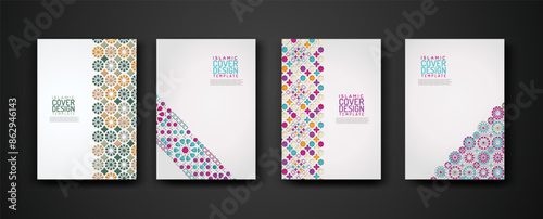 Set islamic cover design template with colorful detail and texture of floral mosaic islamic art ornament.
