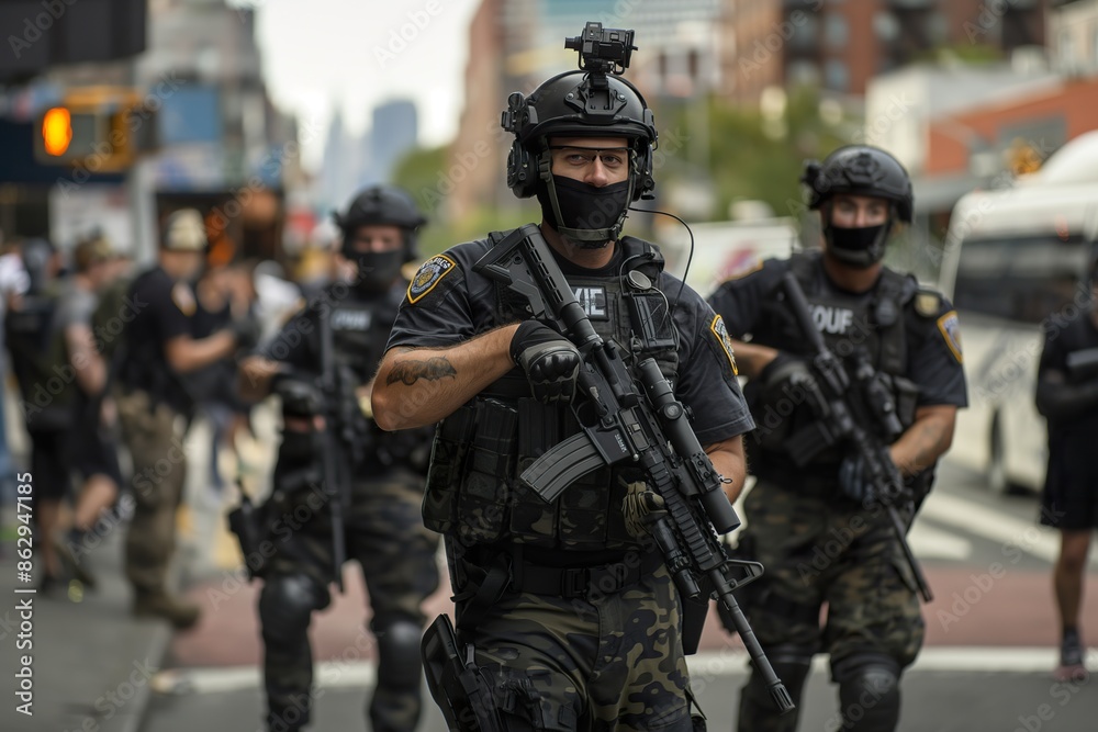 A group of police officers, armed with rifles, patrol an urban street. A group of police officers, armed with rifles, patrol an urban street.