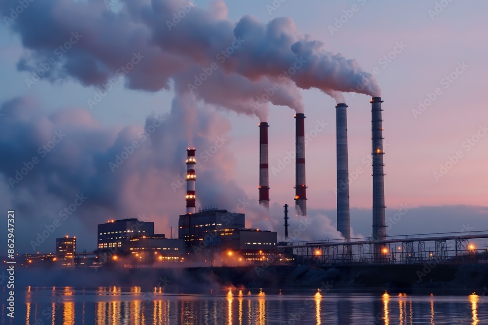 An industrial complex with tall smokestacks emitting smoke into the evening sky.