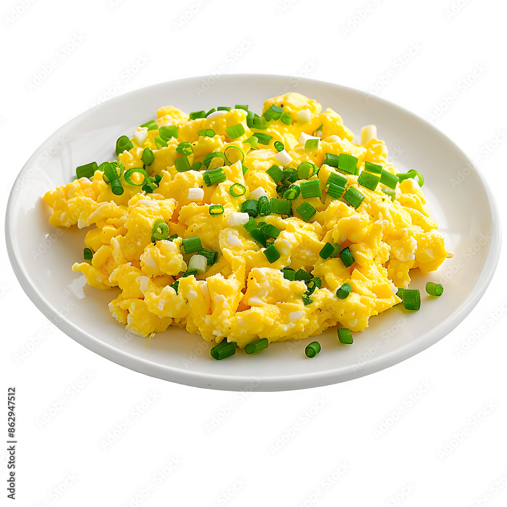 Scrambled eggs with chives on white plate Scrambled eggs with chives on white plate