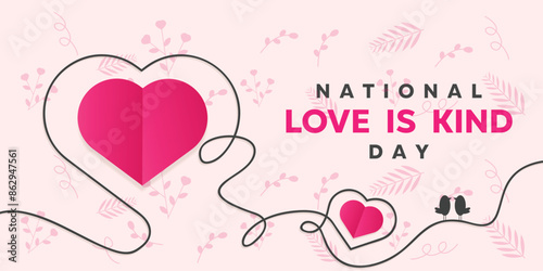National Love Is Kind Day. Pink heart and bird. Great for cards, banners, posters, social media and more. Pink background. 