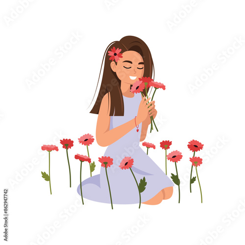 illustration of a girl who sits in a flower field and smells a bouquet of flowers