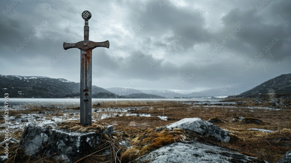 viking sword buried in a hill with fog