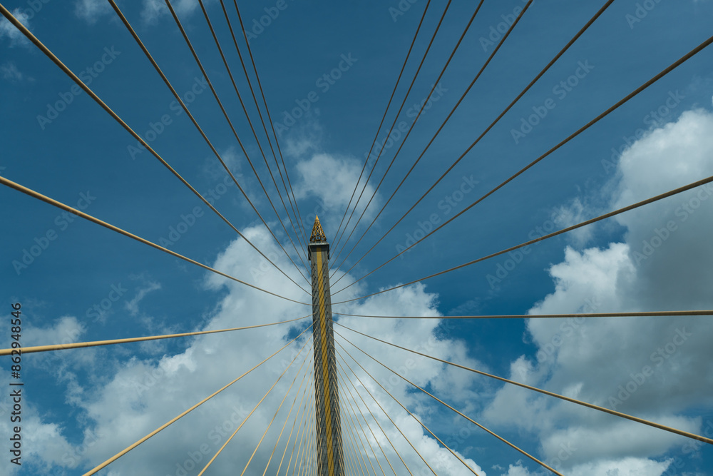 Fototapeta premium Rama VIII cable stayed bridge over the Chao phraya river in Bangkok, Thailand. Building and architecture, transportation concept.