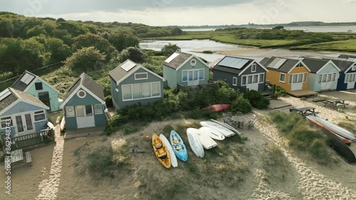 4k drone footage showing panoramic aerial view of beach huts in Mudeford,Dorset photo