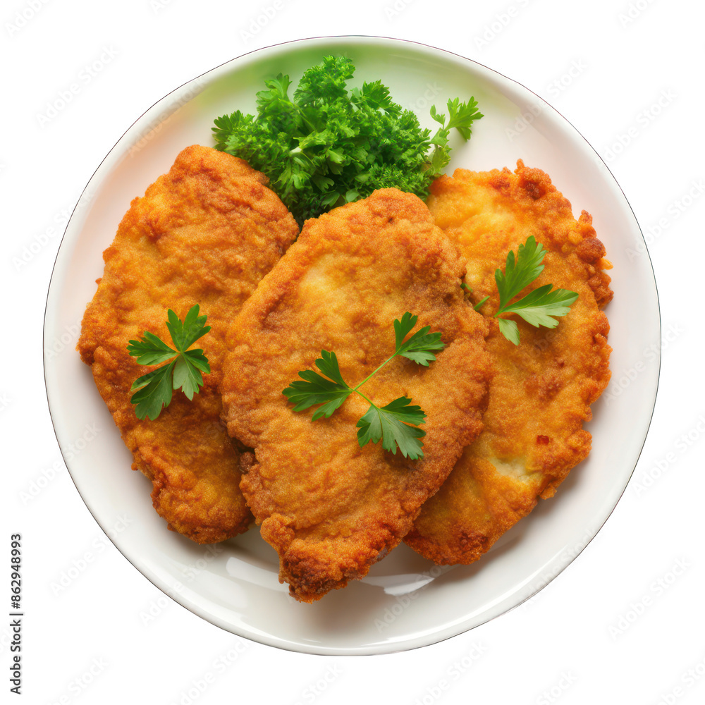 Chicken schnitzel on white plate top view isolated on transparent background Chicken schnitzel on white plate top view isolated on transparent background