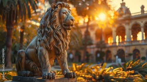 Stone Lion Statue in a Park at Sunset © almeera