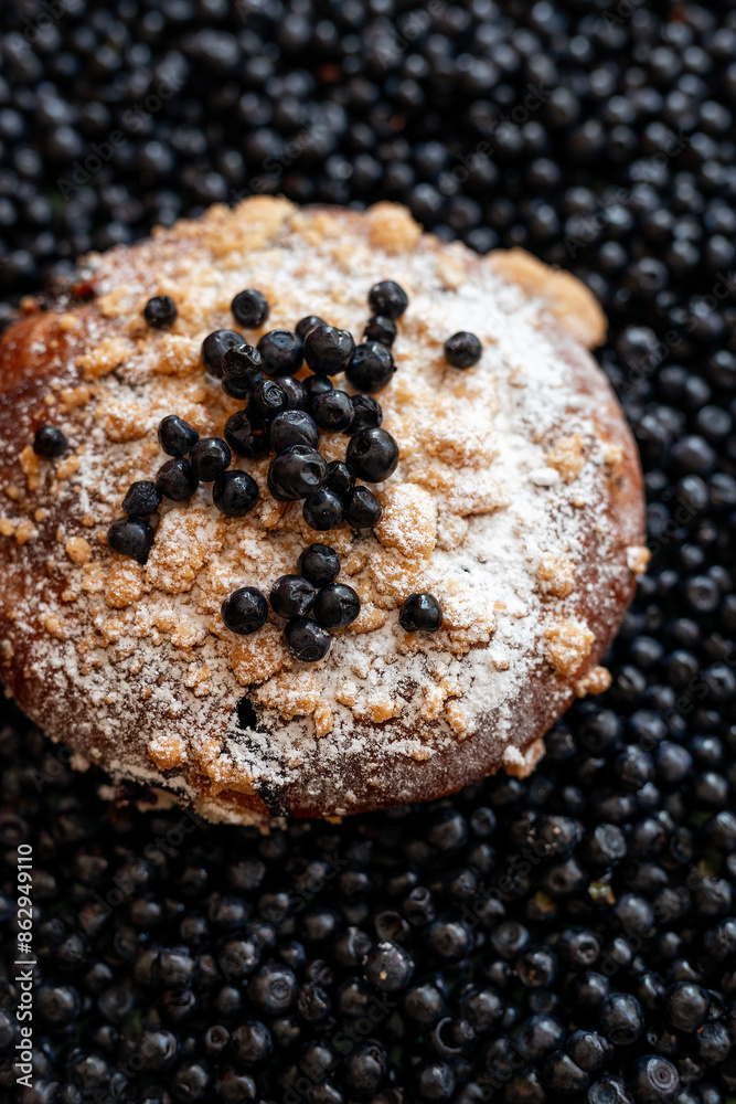 Delicious pastry dusted with powdered sugar and adorned with fresh blackberries on a berry background Delicious pastry dusted with powdered sugar and adorned with fresh blackberries on a berry background